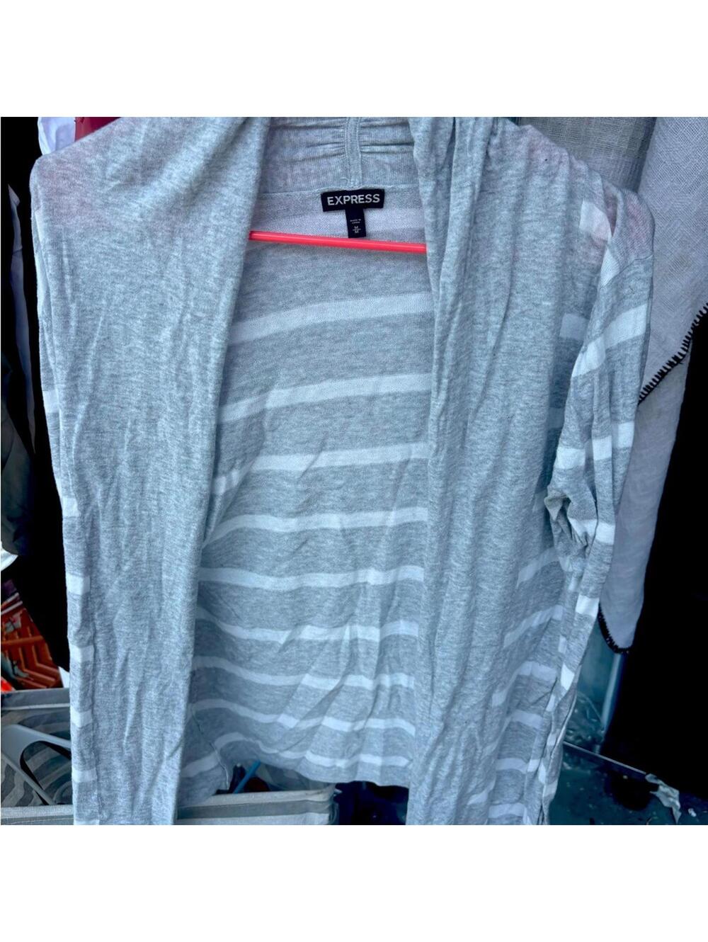 Express Women's Gray and White Striped Lightweight Cardigan Medium